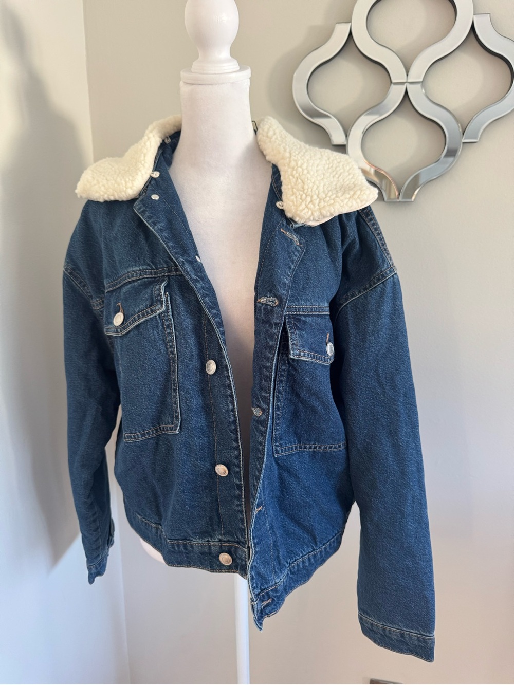 Denim&Co Dark Blue Denim Jacket with Cream Sherpa Collar